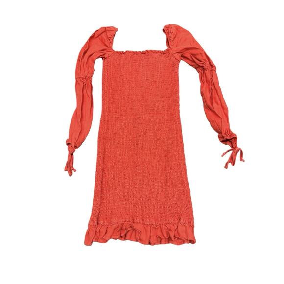 Reformation Hilary Red Linen Mini Dress Long Puff Sleeve Smocked Size M - Picture 6 of 9